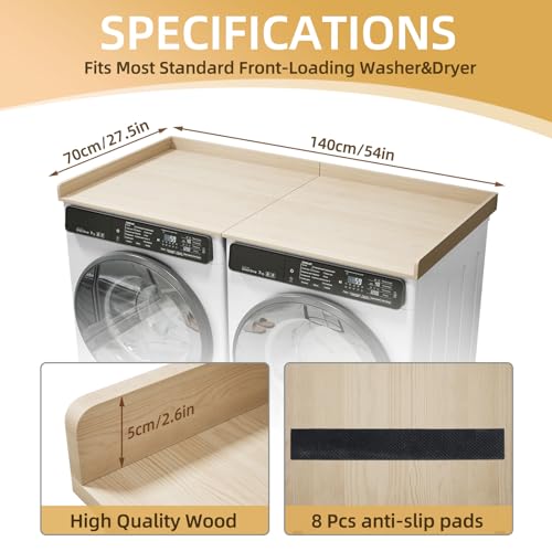 Stuffygreenus Washer Dryer Countertop Foldable Laundry Countertop Wood Topper with Anti-Slip Pads 54" Width x 27.5" Depth Washer and Dryer Covers for Laundry Hamper Room Counter Organization (Natural) - Image 2