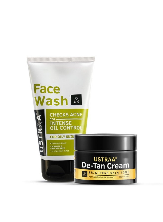 Ustraa Face Wash Oily Skin 100G | With Basil & Key Lime For Acne Prone Skin | Checks Acne & Blackheads & De Tan Cream For Men 50G | For Effective Tan Removal And Even Skin Tone | No Bleach - Image 1
