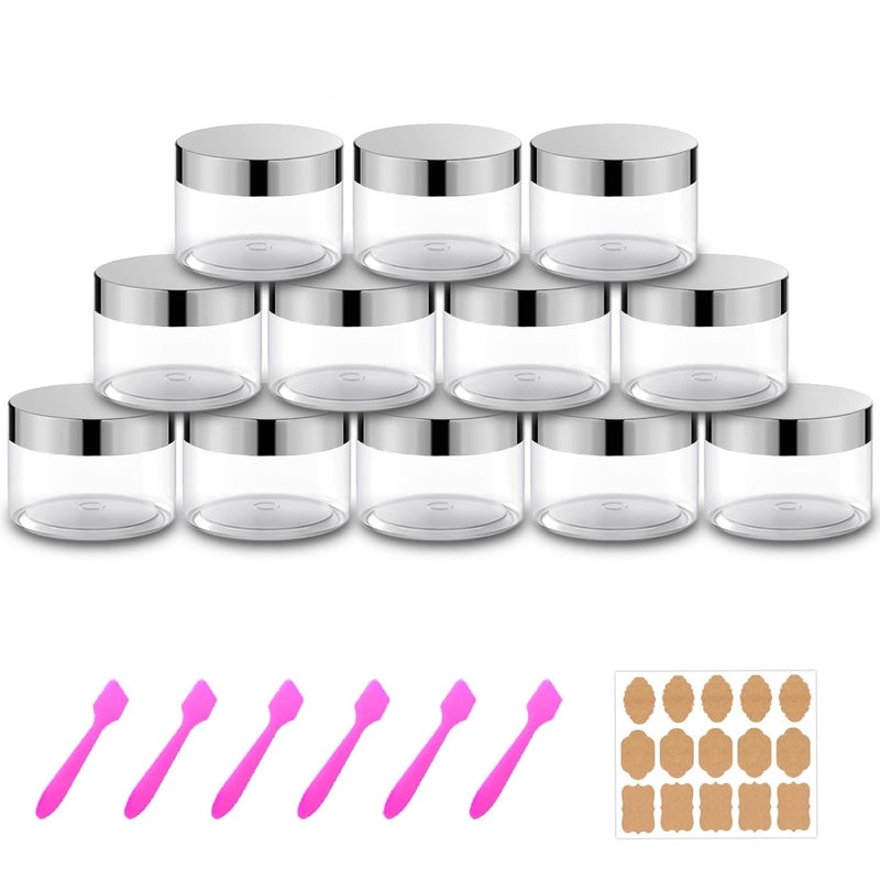 AMORIX 12 Pack 4 oz Plastic Cosmetic Containers With Silver Lids Refillable Clear Empty Travle Jars Containers for Body Butter,Sugar Scrubs,Cream,Lotions,Candy, Label&Spatulas - Image 1