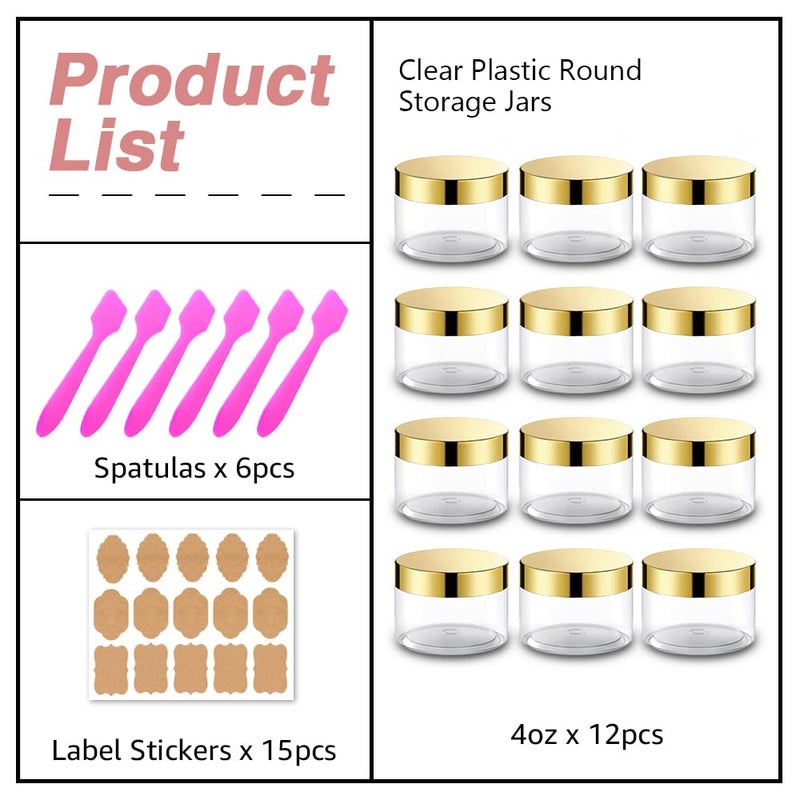 AMORIX 12 Pack 4 oz Plastic Cosmetic Containers With Silver Lids Refillable Clear Empty Travle Jars Containers for Body Butter,Sugar Scrubs,Cream,Lotions,Candy, Label&Spatulas - Image 4