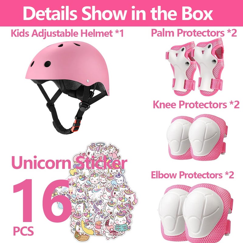 FiveColor&Co Kids Bike Helmet Pads with Knee Elbow Wrist Pads Guards,Toddler Adjustable Pink Helmet Girls Child with Unicorn Sticker - Image 2
