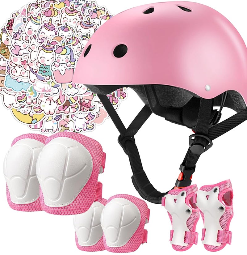 FiveColor&Co Kids Bike Helmet Pads with Knee Elbow Wrist Pads Guards,Toddler Adjustable Pink Helmet Girls Child with Unicorn Sticker - Image 1