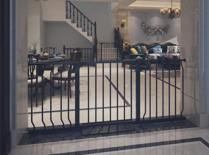 COSEND Extra Wide Baby Gate Tension Indoor Safety Gates Black Metal Large Pressure Mounted Pet Gate Walk Through Long Safety Dog Gate for The House Doorways Stairs52765748134146CM Black