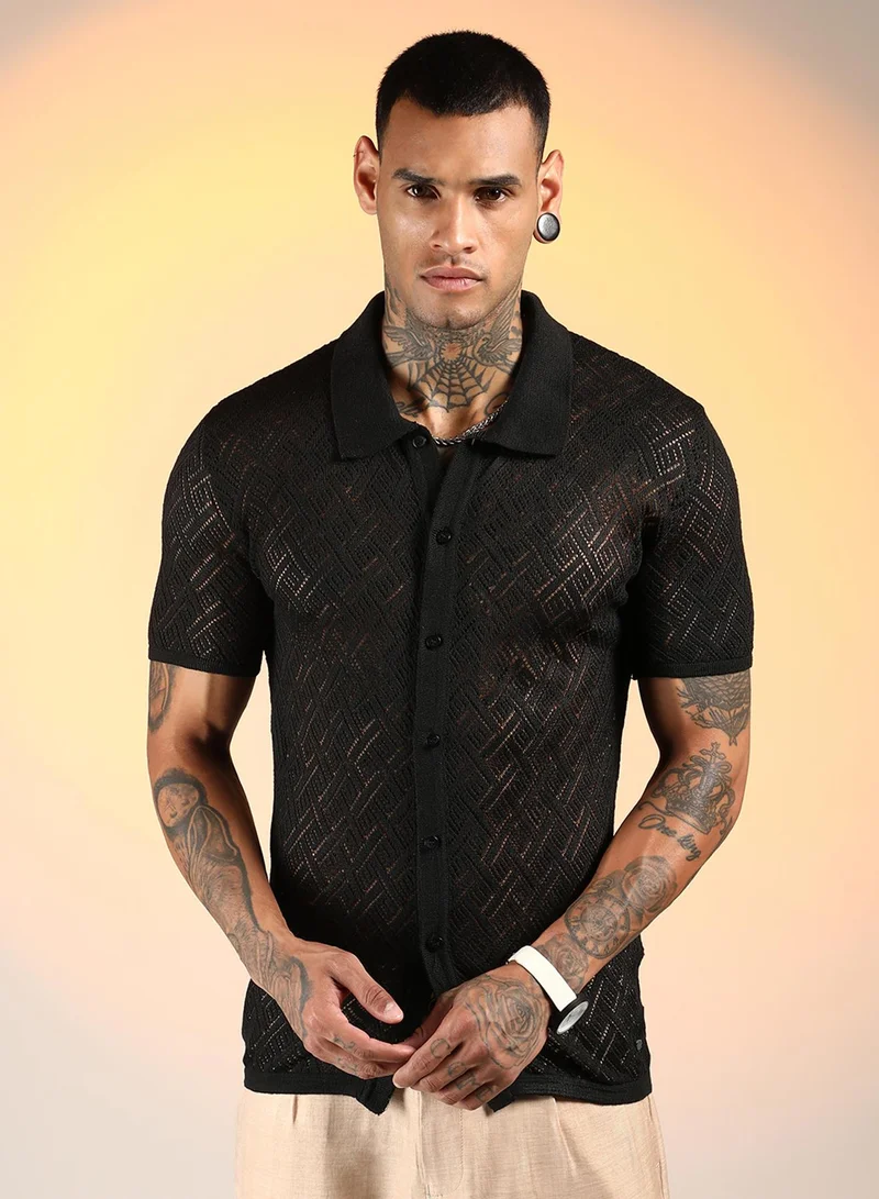 Campus Sutra Men's Onyx Black Overlap-Textured Knit Shirt