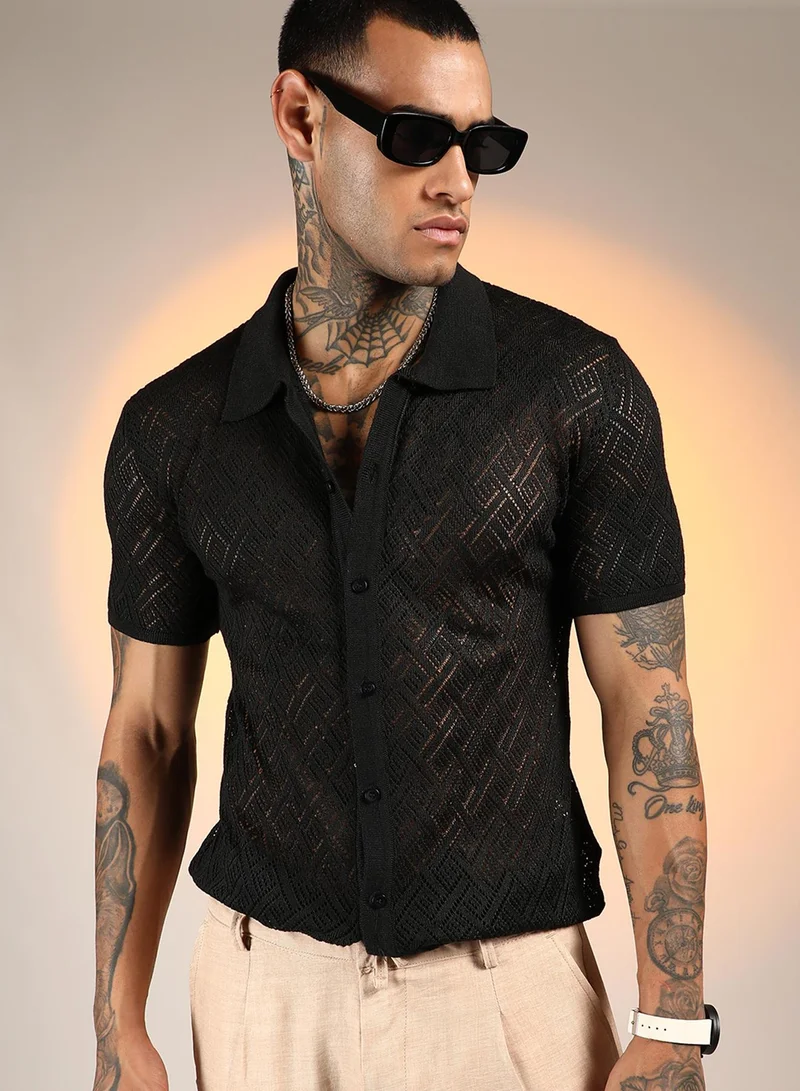 Campus Sutra Men's Onyx Black Overlap-Textured Knit Shirt