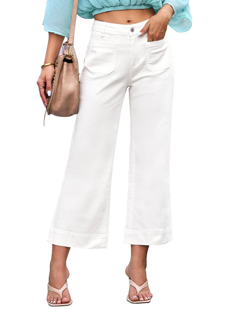 luvamia Wide Leg Jeans for Women Trendy High Waisted Flare Jeans Cropped Denim Pants Stretchy Baggy with Patch Pockets Womens Stretch Jeans Wide Legged Jeans for Women Off White Size 12 Size 14 - Image 1
