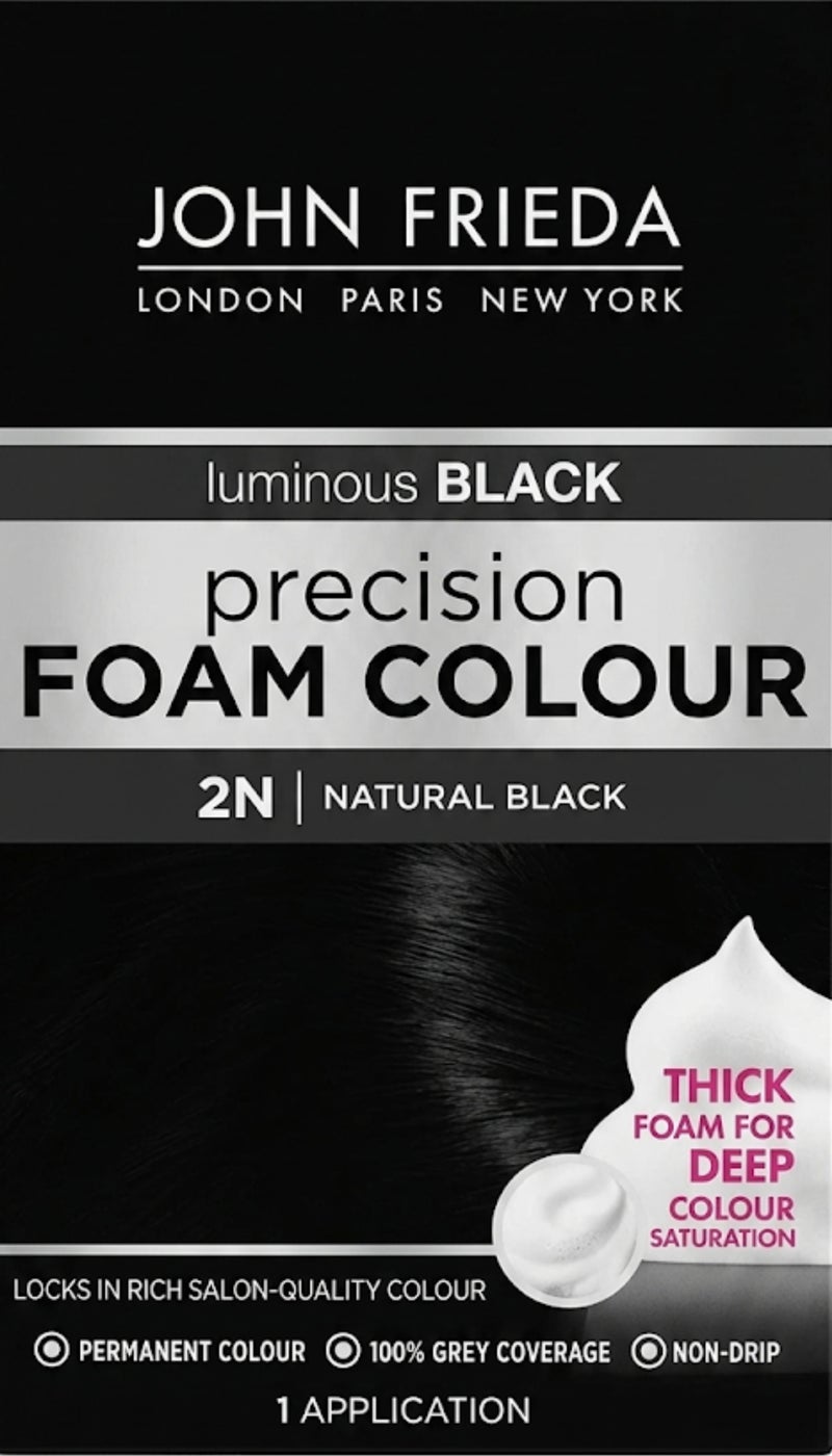 John Frieda Luminous Black Precious Foam Colour 2N Natural Black (Colourant: 32ML, Developer: 48ML, Conditioner: 50ML) - Image 1