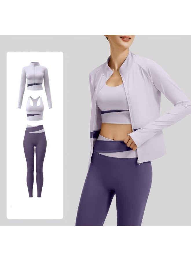 Women's 3-Piece Yoga Workout Set: Full-Zip Stand Collar Sport Jacket with Thumb Holes, Built-in Bra Tops, High-Waist Tummy Control Leggings & Headband Athletic Activewear Suit - Image 1