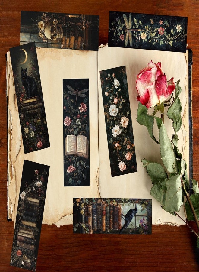 Wxiben Dark Academia Bookmarks for Women - 100 Pcs Gothic Flower Book Mark Retro Aesthetic Bookmark Skull Dragonfly Plants Page Marker Clip Gift for Book Lovers Students Teachers Bookish Reading - Image 5