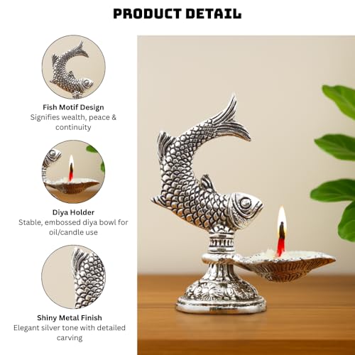 INTERNATIONAL GIFT® Silver Plated Fish Diya Stand | Artistic Aluminium Oil Lamp for Home Temple, Pooja Room & Decorative Spiritual Décor - Image 5