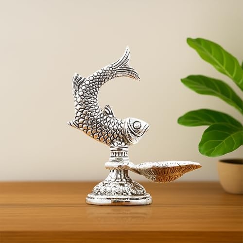 INTERNATIONAL GIFT® Silver Plated Fish Diya Stand | Artistic Aluminium Oil Lamp for Home Temple, Pooja Room & Decorative Spiritual Décor - Image 2