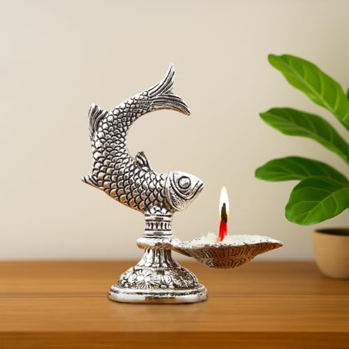 INTERNATIONAL GIFT® Silver Plated Fish Diya Stand | Artistic Aluminium Oil Lamp for Home Temple, Pooja Room & Decorative Spiritual Décor - Image 1