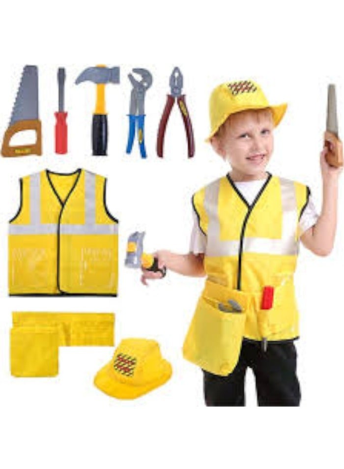 Construction Worker Costume Kids Role Play Pretend Dress up Set With Tools for Kids 4-8 Year Old Yellow - Image 1