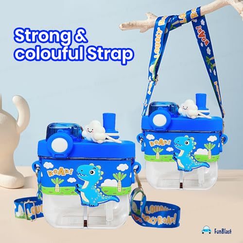 FunBlast Dinosaur Water Bottle for Kids – 580 ML Cute Leak-Proof Dual Compartment Straw Bottle with Strap, BPA-Free Sipper Bottle, Portable School Water Bottle for Girls (Multicolor) - Image 3