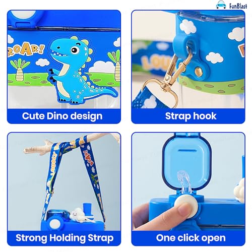 FunBlast Dinosaur Water Bottle for Kids – 580 ML Cute Leak-Proof Dual Compartment Straw Bottle with Strap, BPA-Free Sipper Bottle, Portable School Water Bottle for Girls (Multicolor) - Image 4
