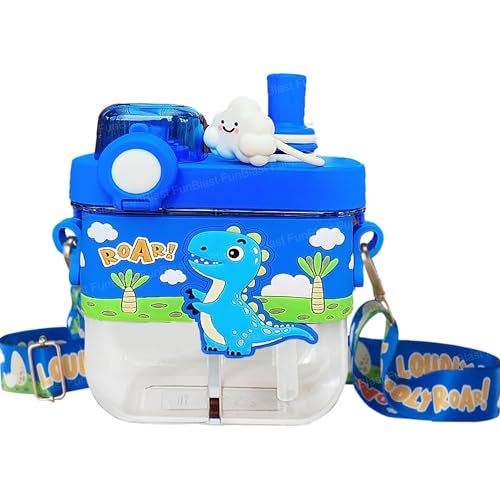 FunBlast Dinosaur Water Bottle for Kids – 580 ML Cute Leak-Proof Dual Compartment Straw Bottle with Strap, BPA-Free Sipper Bottle, Portable School Water Bottle for Girls (Multicolor) - Image 1