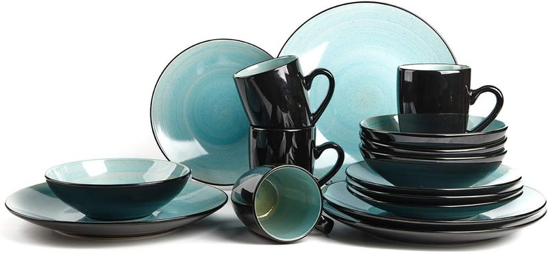 HomeVss Sonoma 16 Piece Stoneware Dinner Set Outside Black  Inside Handpainted Color Turquoise with speckle - Image 2