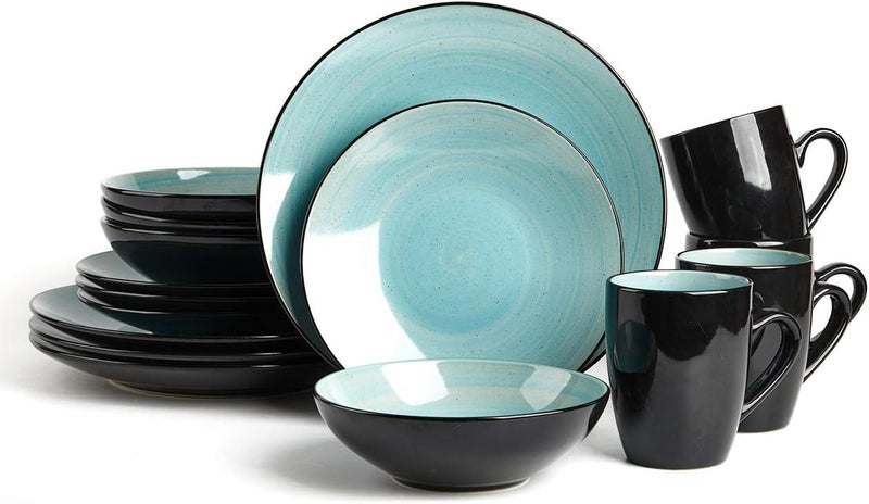 HomeVss Sonoma 16 Piece Stoneware Dinner Set Outside Black  Inside Handpainted Color Turquoise with speckle - Image 1