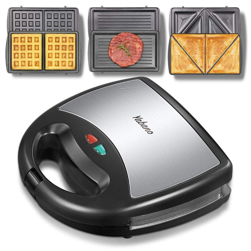 Yabano Sandwich Maker 3 in 1 Waffle Maker Toaster and Electric Panini Press Grill with Nonstick Coating Plate Easy to Clean Heating Up Fast