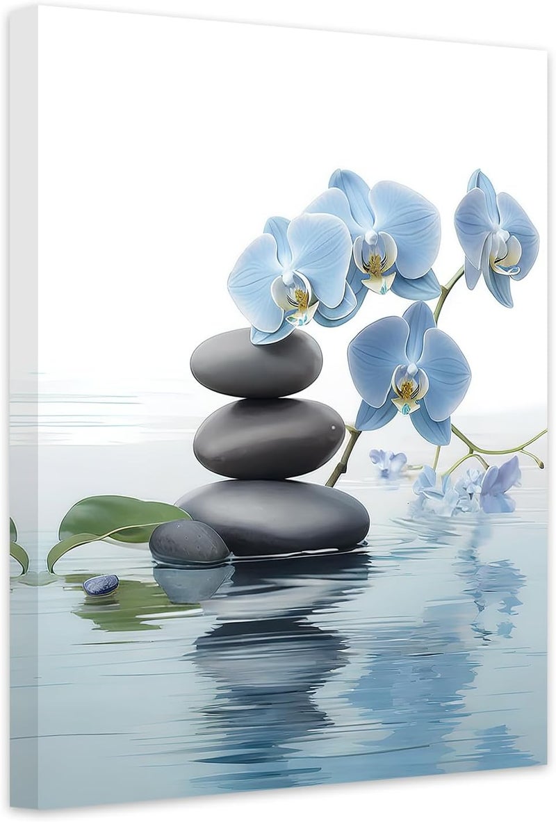 اي ار اس لوحة جدارية من ARS Zen، حجر سبا وزهرة أوركيد زرقاء أنيقة على الماء، مطبوعة على قماش، عمل فني للاسترخاء والتأمل في غرفة سبا زين (12 × 18 بوصة) - Image 1