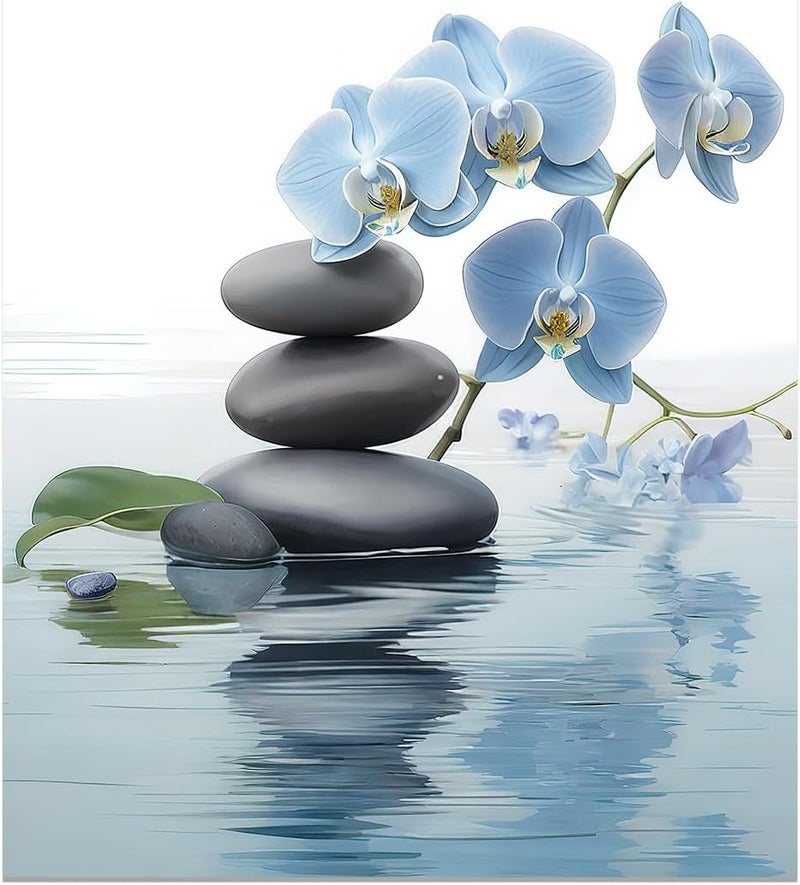اي ار اس لوحة جدارية من ARS Zen، حجر سبا وزهرة أوركيد زرقاء أنيقة على الماء، مطبوعة على قماش، عمل فني للاسترخاء والتأمل في غرفة سبا زين (12 × 18 بوصة) - Image 2