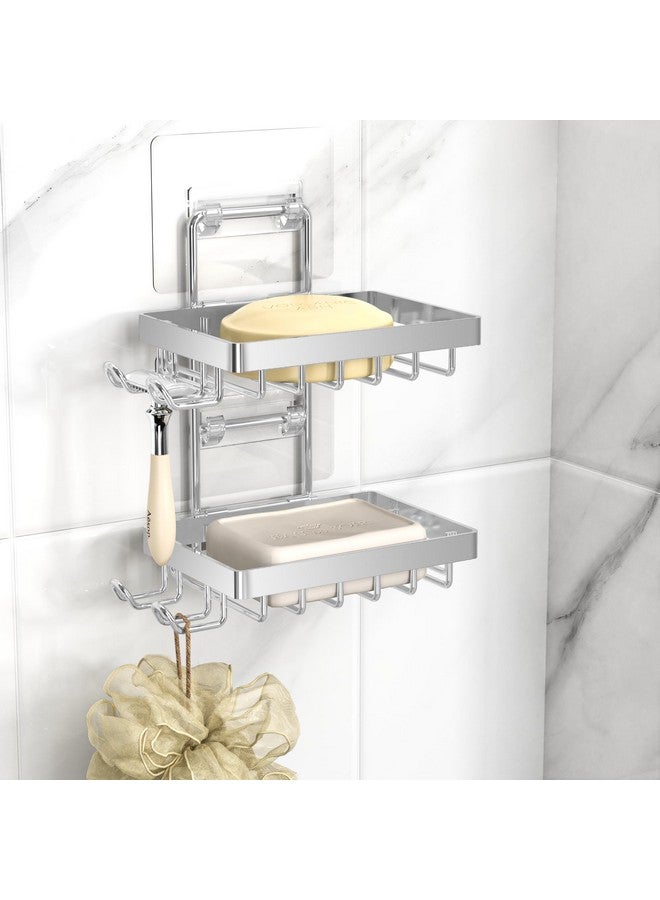 Moforoco حامل صابون مزدوج فضي من موفوروكو للاستحمام، بدون حفر، مقاوم للصدأ من الفولاذ المقاوم للصدأ، حامل صابون مثبت على الحائط مع 4 خطافات وحامل شفرة، رف دش لصابون بار للصابون في الحمام والمطبخ - Image 1