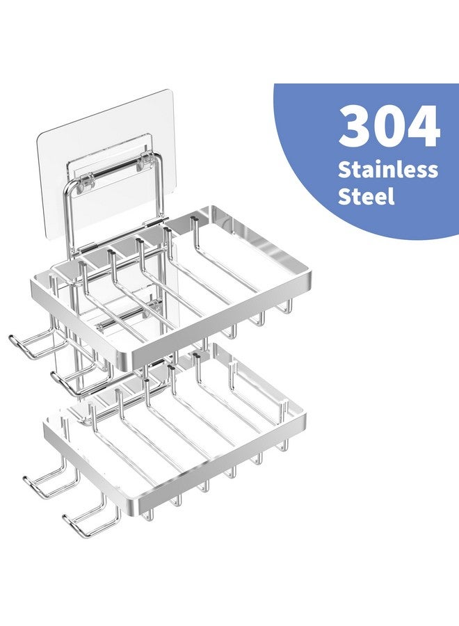 Moforoco حامل صابون مزدوج فضي من موفوروكو للاستحمام، بدون حفر، مقاوم للصدأ من الفولاذ المقاوم للصدأ، حامل صابون مثبت على الحائط مع 4 خطافات وحامل شفرة، رف دش لصابون بار للصابون في الحمام والمطبخ - Image 4
