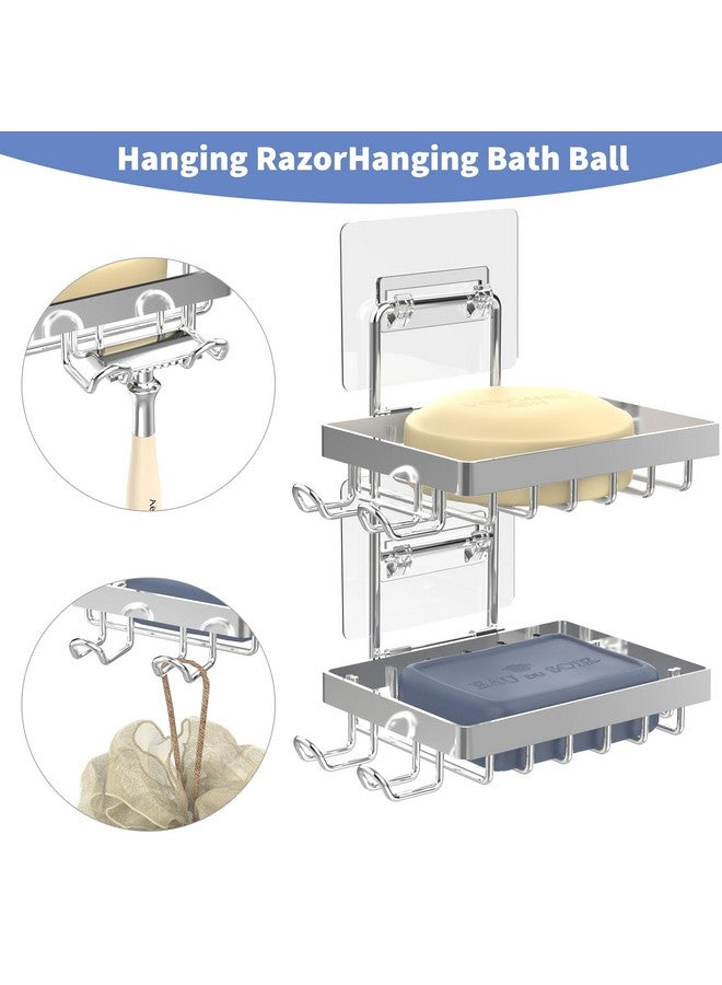 Moforoco حامل صابون مزدوج فضي من موفوروكو للاستحمام، بدون حفر، مقاوم للصدأ من الفولاذ المقاوم للصدأ، حامل صابون مثبت على الحائط مع 4 خطافات وحامل شفرة، رف دش لصابون بار للصابون في الحمام والمطبخ - Image 2