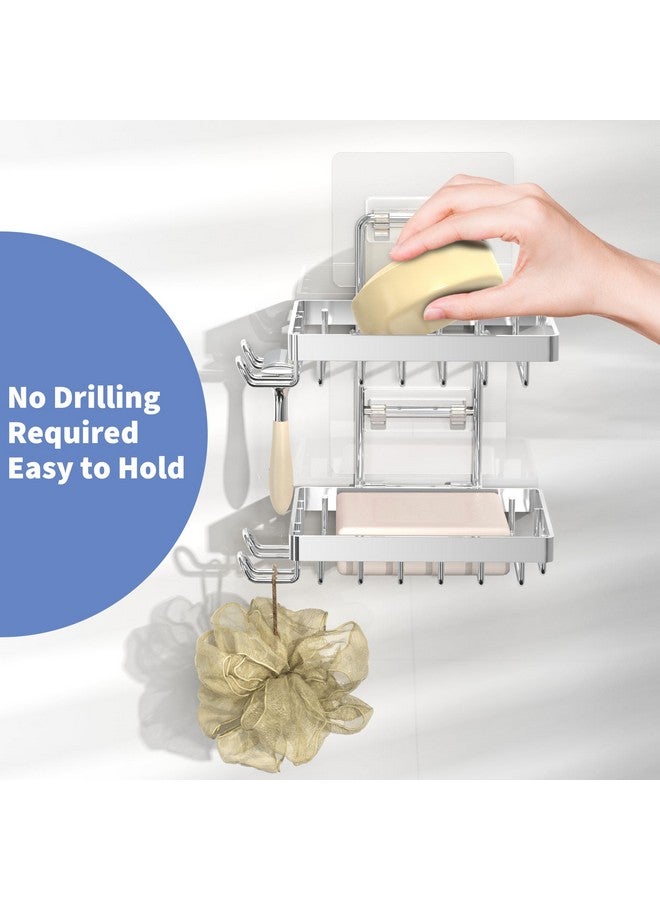 Moforoco حامل صابون مزدوج فضي من موفوروكو للاستحمام، بدون حفر، مقاوم للصدأ من الفولاذ المقاوم للصدأ، حامل صابون مثبت على الحائط مع 4 خطافات وحامل شفرة، رف دش لصابون بار للصابون في الحمام والمطبخ - Image 3