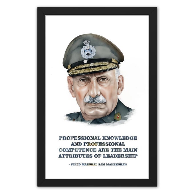 RITWIKAS MODERN WALL ART OF SAM MANEKSHAW ARTWORK WITH MOTIVATION QUOTE ORIGINAL ARTWORK POSTER FRAMED PAINTING FOR MOTIVATION AND DECOR GIFT SIZE 95 X 135 INCH SET OF 1