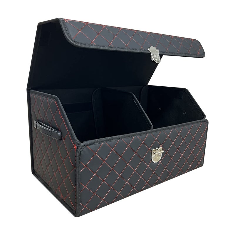Wuatow Trunk Organizer for Car With LidFoldable Trunk Organizer for SUVs SedansMultifunctional Leather Storage Box Black Red Grid Small