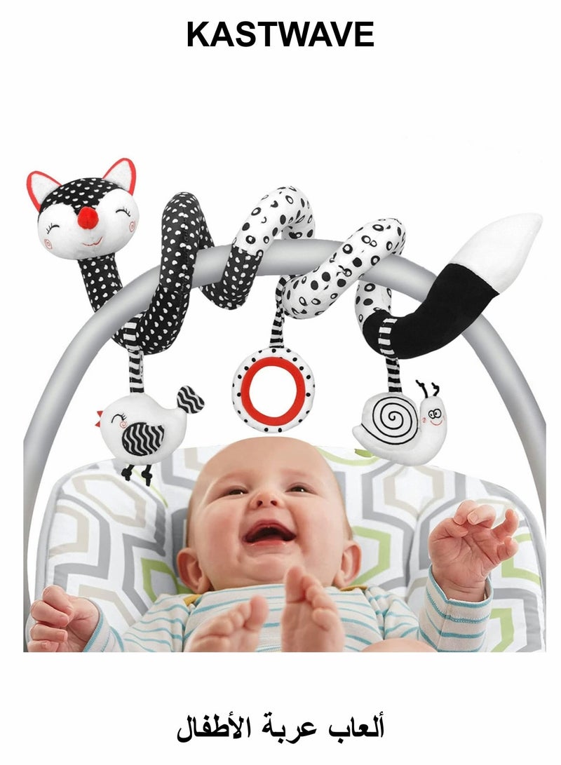KASTWAVE Car Seat Toys, Spiral Stroller Toys, Black and White Fox Spiral Activity Plush Toys, Hanging Rattles Toys for Stroller, Newborn Toys Baby Toys Gift for 0 3 6 9 12 Months Girls Boys - Image 1