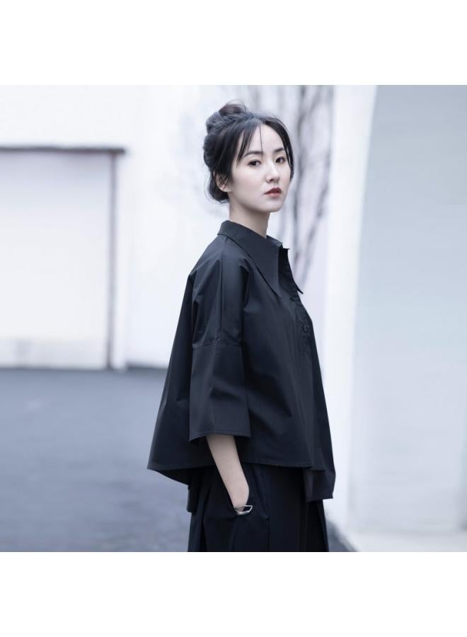 Thin Top Designer Summer Collar Brand Women's Niche Dovetail Irregular Original Shirt Black White - Image 4
