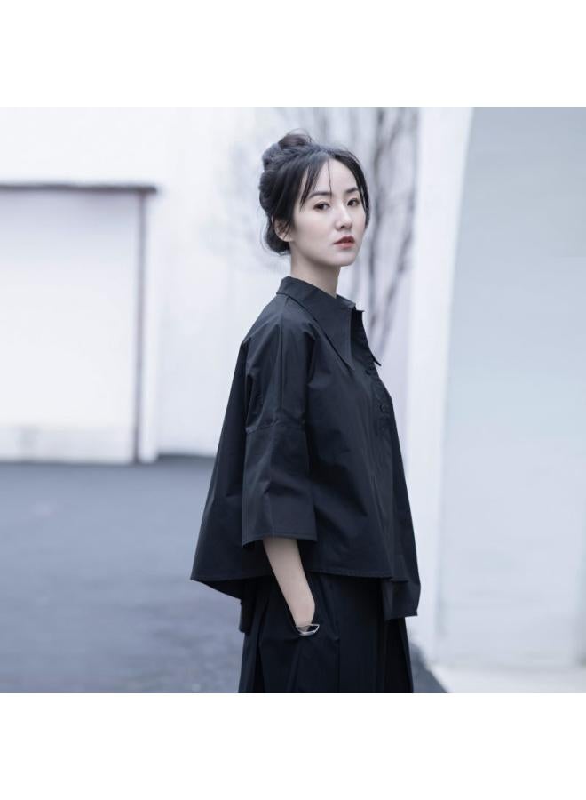 Thin Top Designer Summer Collar Brand Women's Niche Dovetail Irregular Original Shirt Black White - Image 1
