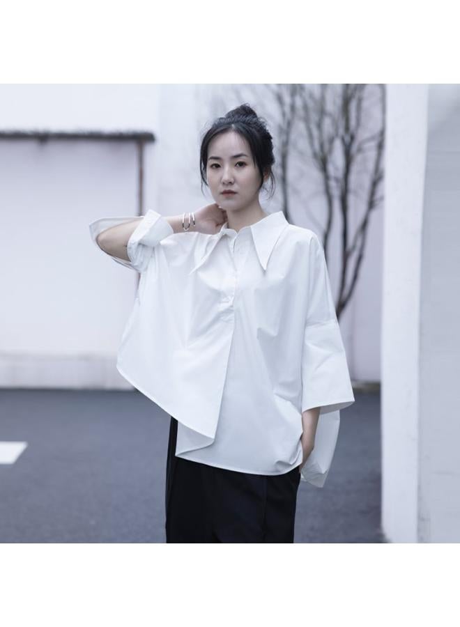 Thin Top Designer Summer Collar Brand Women's Niche Dovetail Irregular Original Shirt Black White - Image 3