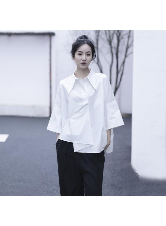 Thin Top Designer Summer Collar Brand Women's Niche Dovetail Irregular Original Shirt Black White - Image 2