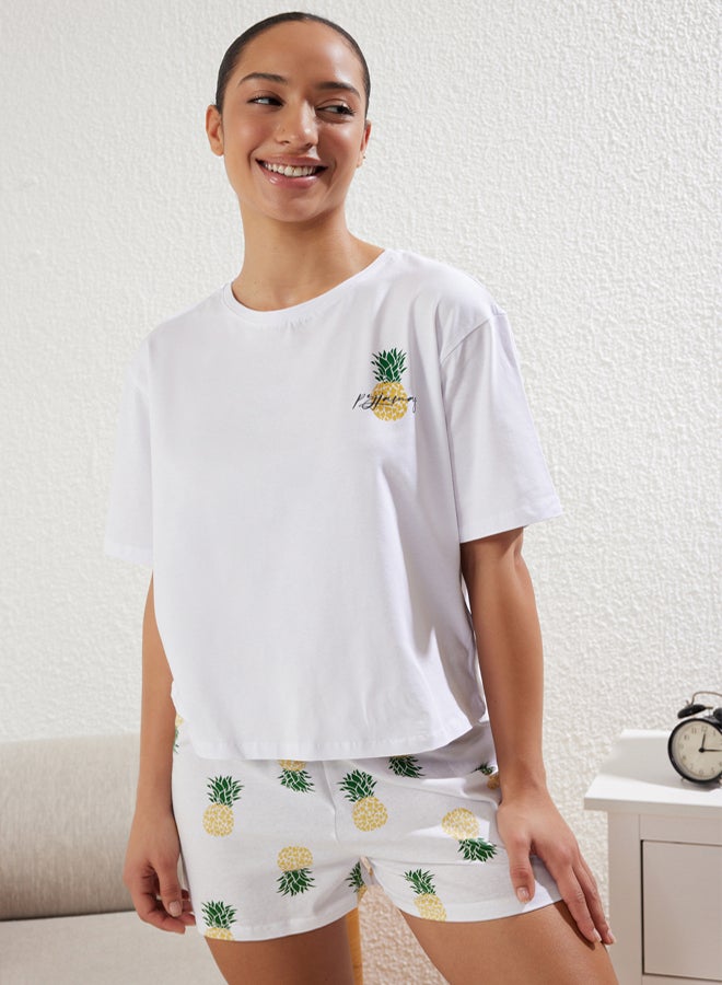 trendyol White 100% Cotton Pineapple Patterned Shorts Knitted Pajama Set - Image 2