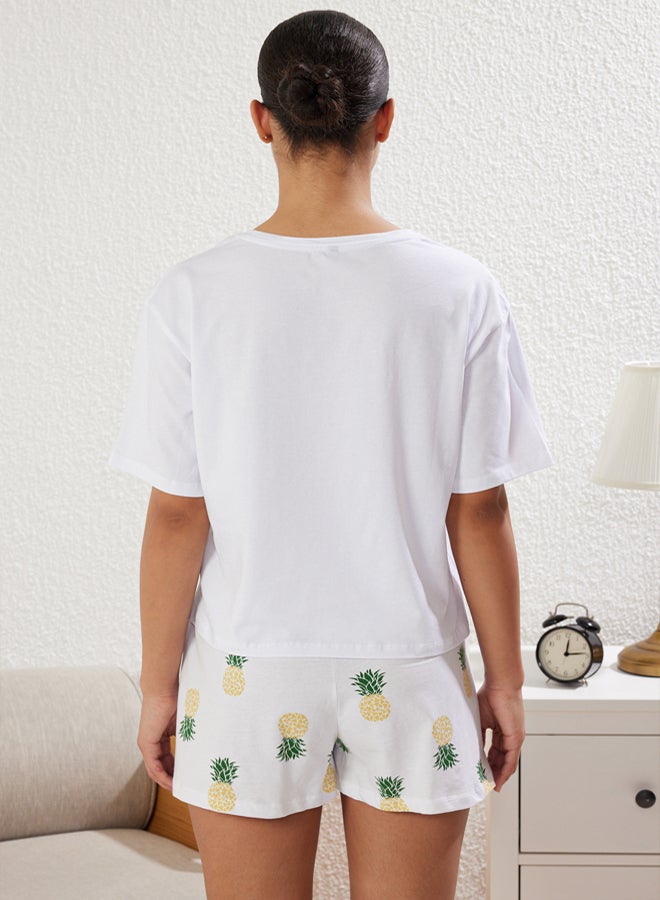 trendyol White 100% Cotton Pineapple Patterned Shorts Knitted Pajama Set - Image 5