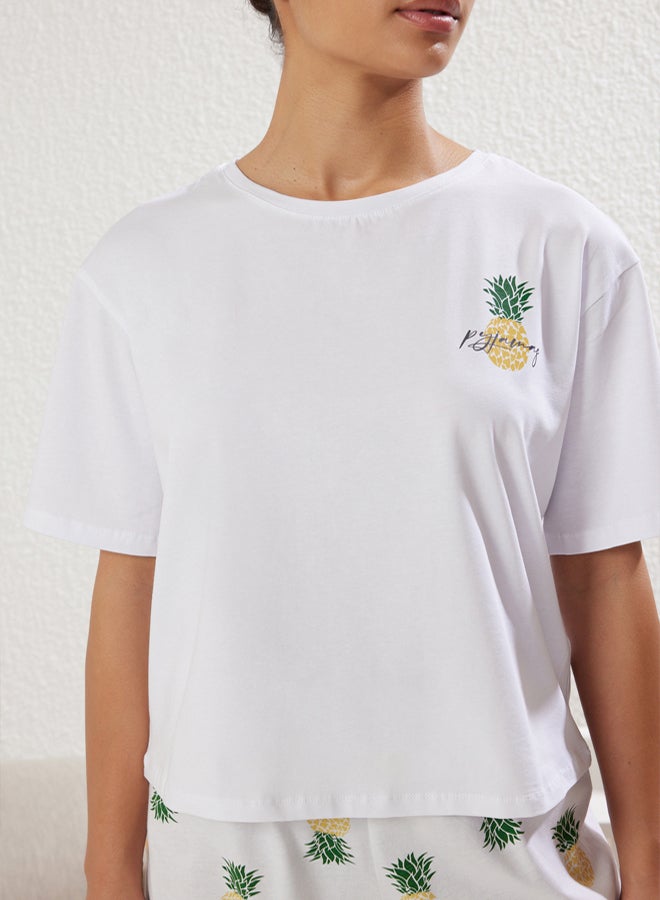 trendyol White 100% Cotton Pineapple Patterned Shorts Knitted Pajama Set - Image 3