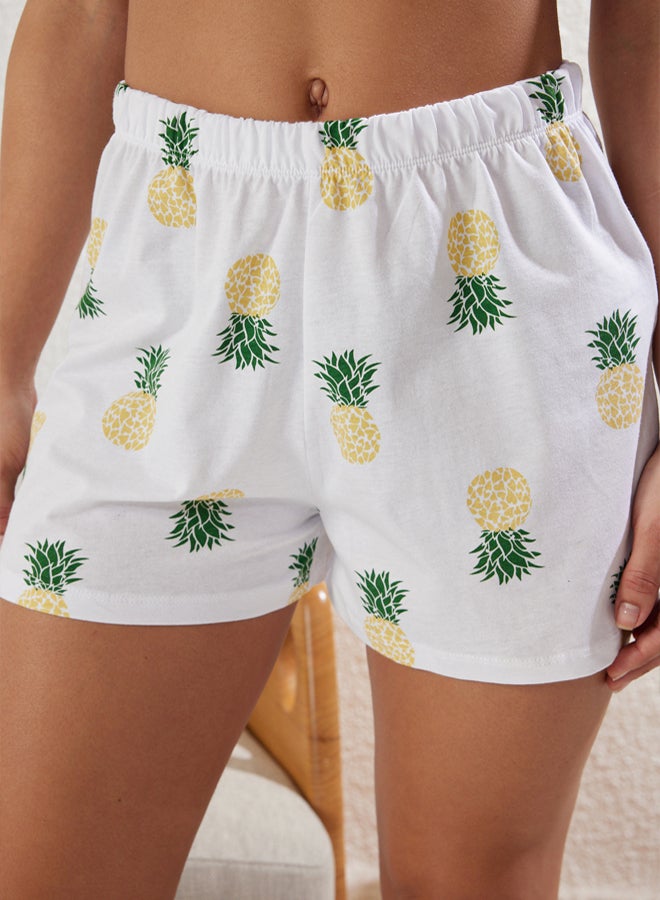 trendyol White 100% Cotton Pineapple Patterned Shorts Knitted Pajama Set - Image 4