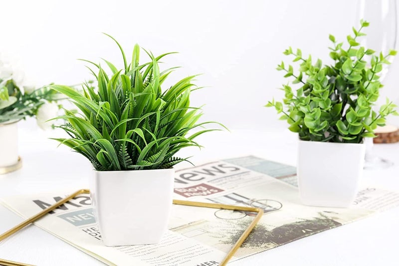 Dekorly Artificial Potted Plants, 2 Pack Artificial Plastic Eucalyptus Plants Small Indoor Potted Houseplants, Small Faux Plants For Home Decor Bathroom Office Farmhouse (Set 0F 2), multi-colour - Image 3