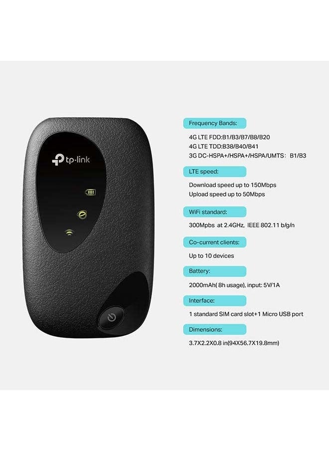 أركا - نقطة اتصال واي فاي متنقلة M7200 4G LTE بسرعة 150 ميجابايت في الثانية، التوصيل والتشغيل، توصيل ما يصل إلى 10 أجهزة، بطارية 2000 مللي أمبير في الساعة، متوافقة مع جميع بطاقات SIM، إدارة تطبيق tpMiFi باللون الأسود - Image 1