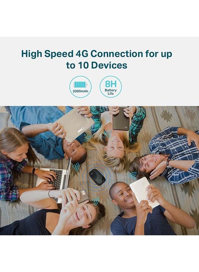 أركا - نقطة اتصال واي فاي متنقلة M7200 4G LTE بسرعة 150 ميجابايت في الثانية، التوصيل والتشغيل، توصيل ما يصل إلى 10 أجهزة، بطارية 2000 مللي أمبير في الساعة، متوافقة مع جميع بطاقات SIM، إدارة تطبيق tpMiFi باللون الأسود - Image 1