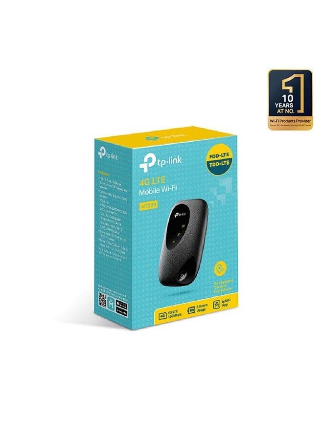 أركا - نقطة اتصال واي فاي متنقلة M7200 4G LTE بسرعة 150 ميجابايت في الثانية، التوصيل والتشغيل، توصيل ما يصل إلى 10 أجهزة، بطارية 2000 مللي أمبير في الساعة، متوافقة مع جميع بطاقات SIM، إدارة تطبيق tpMiFi باللون الأسود - Image 1