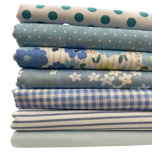 Antetek 7 pcs 20" x 20" Cotton Fabric DIY Making Supplies Quilting Patchwork Fabric Fat Quarter Bundles DIY for Quilting Cotton Patchwork Cushions (Blue Flowers, 20" x 20") - Image 1