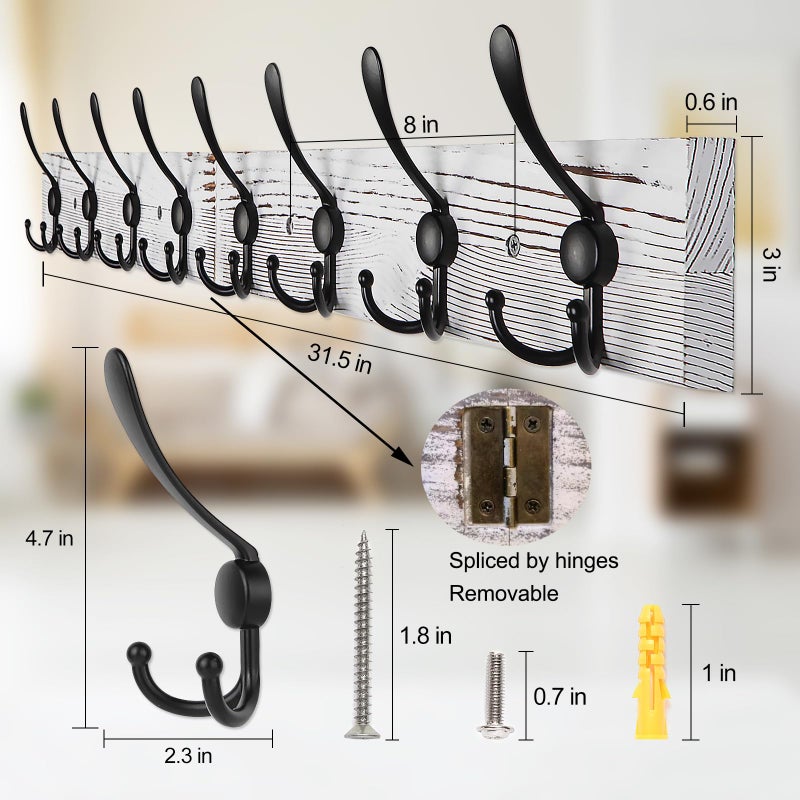 Homagic Coat Rack Wall Mount 31.5'' Coat Hanger Wall Mount Old White Coat Hooks for Wall Rustic Towel Racks for Bathroom Living Room Coat Hats Clothes - Image 2