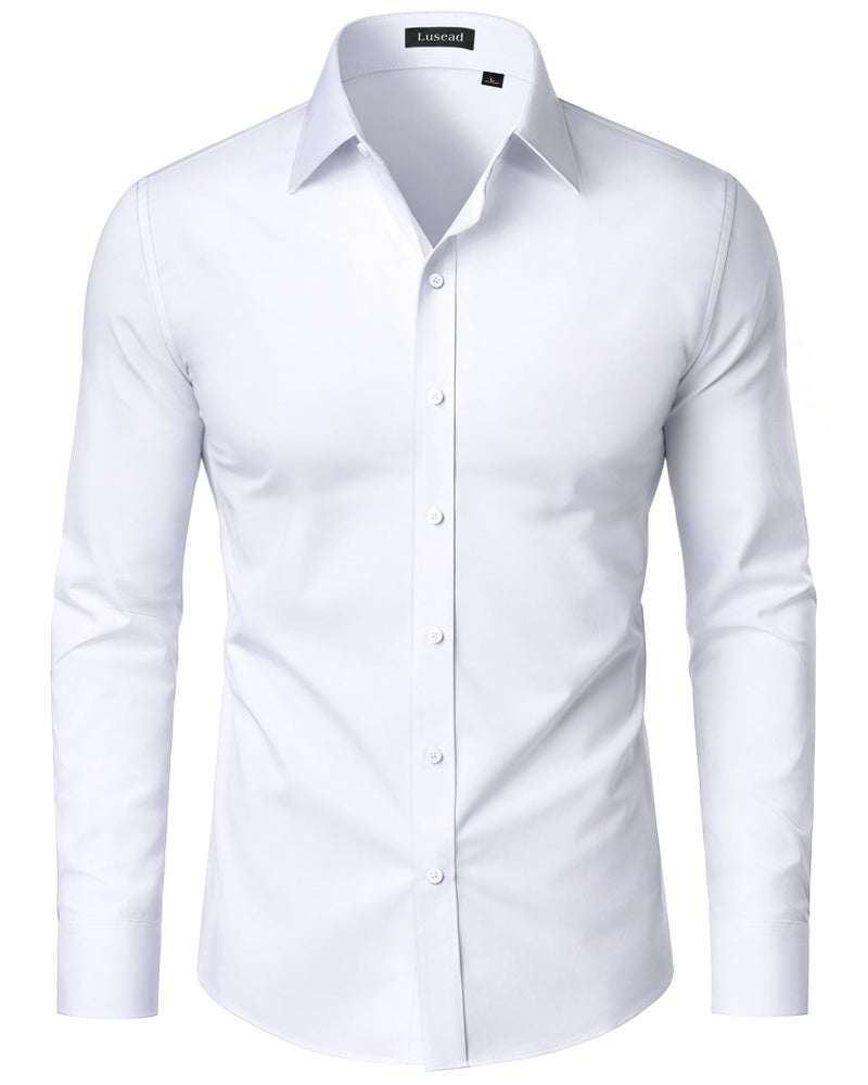 Lusead White Dress Shirt for Men Stretch Wrinkle Free Long Sleeve Button Down Shirt Cotton Business Prom Church Dailywear - Image 1