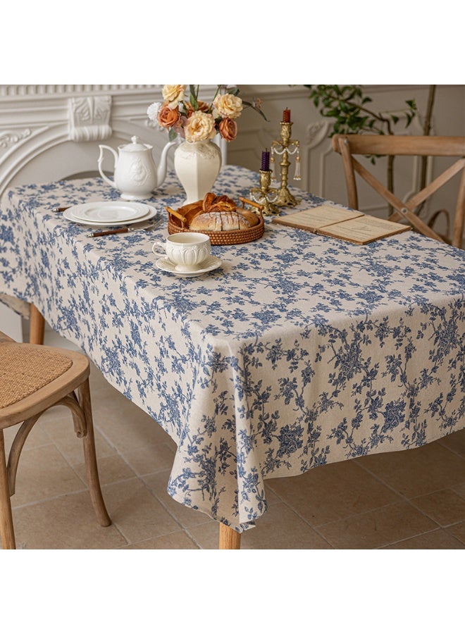 Pastoral Rectangle Tablecloth - 60 x 84 Inch - Linen Fabric Table Cloth - Washable Table Cover with Dust-Proof Wrinkle Resistant for Restaurant, Picnic, Indoor and Outdoor Dining, Floral (Dark Blue) - Image 1