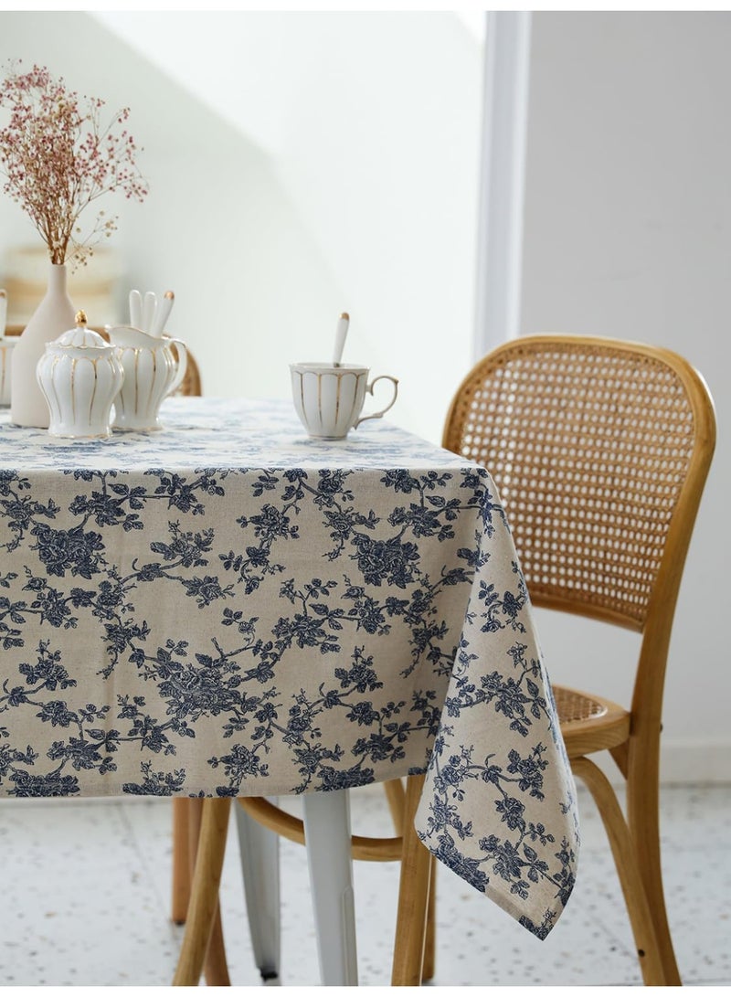 Pastoral Rectangle Tablecloth - 60 x 84 Inch - Linen Fabric Table Cloth - Washable Table Cover with Dust-Proof Wrinkle Resistant for Restaurant, Picnic, Indoor and Outdoor Dining, Floral (Dark Blue) - Image 3