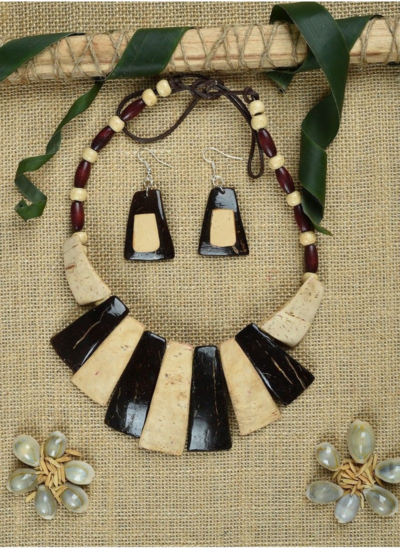 N & H - N&H Handmade Coconut Shell Dual Tone Choker Necklace with Earrings, Combo Pack of 2 - Image 1